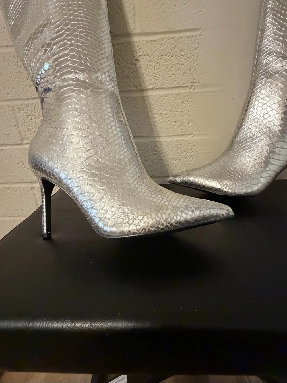 INC International Concepts Silver Snakeskin Over-the-Knee Stiletto Boots in